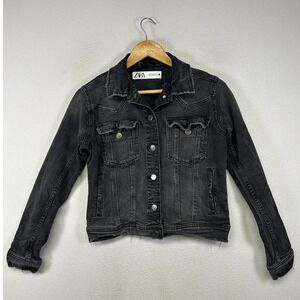 Grunge Edgy Zara Womens Size M Black Distressed Raw Hem Denim Trucker Jacket